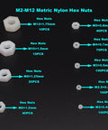 500 Piece Metric Nylon Hex Nuts Assortment Kit Featuring M2 Through M12 White Plastic Threaded Fasteners on display.