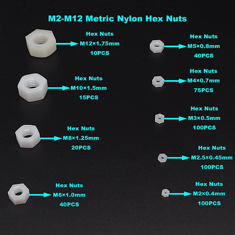 500 Piece Metric Nylon Hex Nuts Assortment Kit Featuring M2 Through M12 White Plastic Threaded Fasteners on display.