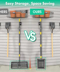 Side-by-side comparison of foldable lawn leveling rake with 30x10 inch ground plate and 70 inch adjustable handle, stored in garage.