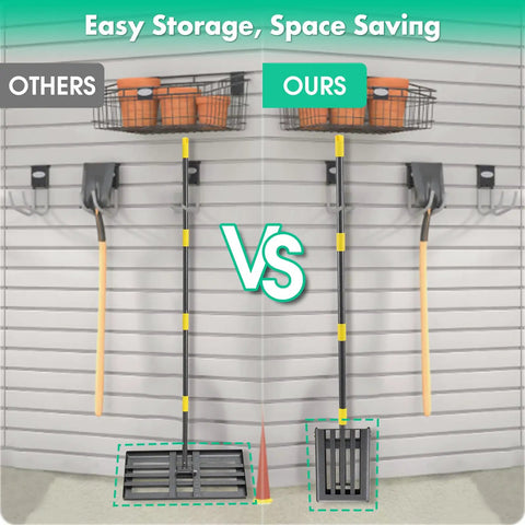 Side-by-side comparison of foldable lawn leveling rake with 30x10 inch ground plate and 70 inch adjustable handle, stored in garage.