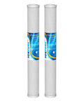 1 Micron 20 Inch Whole House CTO Carbon Sediment Filter Cartridge For Pre Filtration No More Chlorine Taste And Odor Two And A Half Inch Diameter By 20 Inch Length NSF Certified Fits C1 20 EP 20 HX CB 25 2010 F3WCB32 2 Pack, showing two white cylindrical filters with blue labels