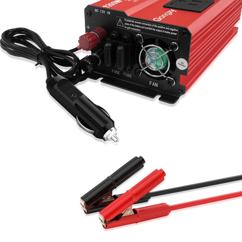 Heavy Duty 1200W Car Power Inverter 12V To 110V AC Converter with input/output ports and cables for easy hook-up.