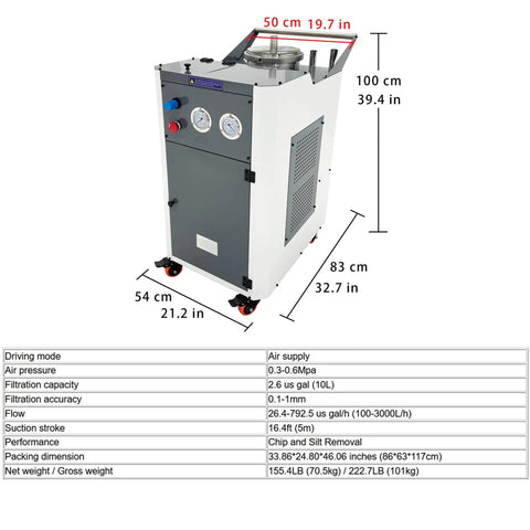 Heavy Duty Pneumatic Chip Remover And Air Powered Coolant Tank Cleaner For Cutting Fluid Filtration Sump Cleaning Cart with dimensions and features.