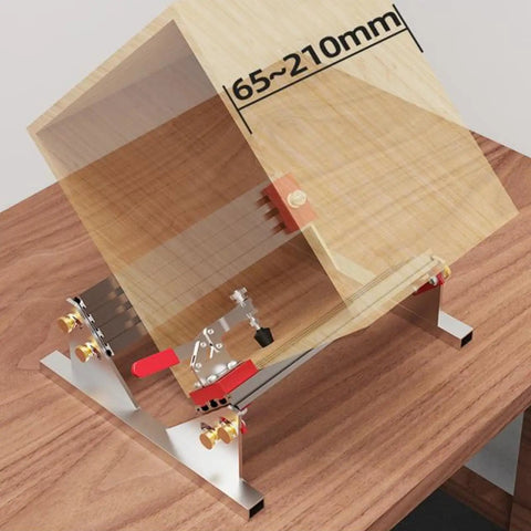 Heavy Duty Aluminum Table Saw Spline Clamp Jig With Four Flip Limiters And Uhmw Gliding Tracks For Dead Nuts Woodworking Joint Alignment and Slick Quick Setup Assembly with adjustable wood piece shown.