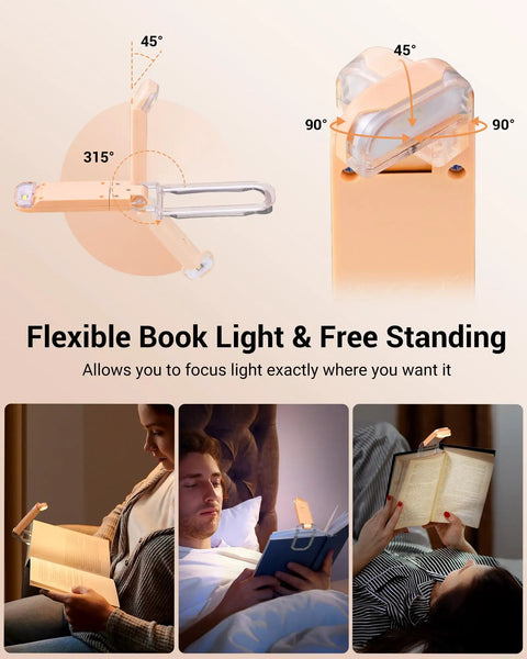 USB Rechargeable Clip On Reading Light With Amber And Warm White Modes showing flexibility and usage for reading