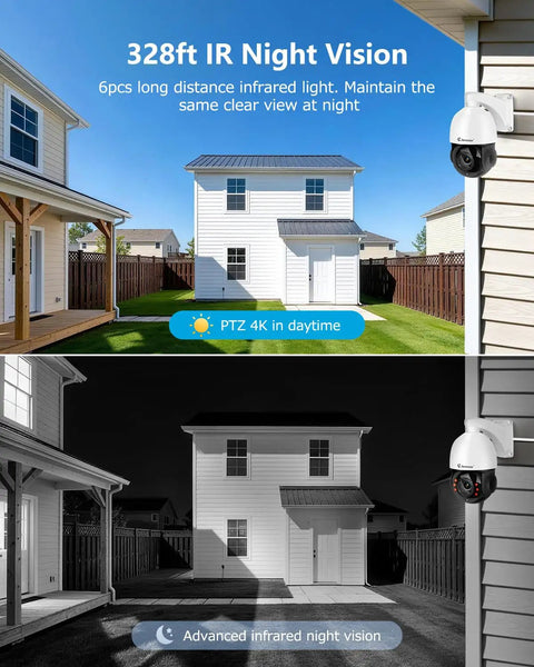 Top Shelf 4K 8MP Poe PTZ Outdoor Security Camera Delivering A Legit 20X Optical Zoom showing daytime and nighttime views.