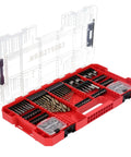 Craftsman 140-piece impact driver bit set in red case with clear lid, steel with black oxide bits, front view