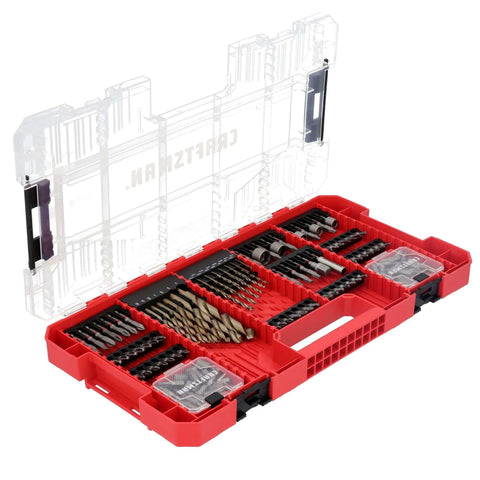 Craftsman 140-piece impact driver bit set in red case with clear lid, steel with black oxide bits, front view