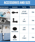 Image of Heavy Duty Electric Toilet Plunger That Cracks Open Stubborn Clogs Fast accessories and size chart for various pipe sizes.