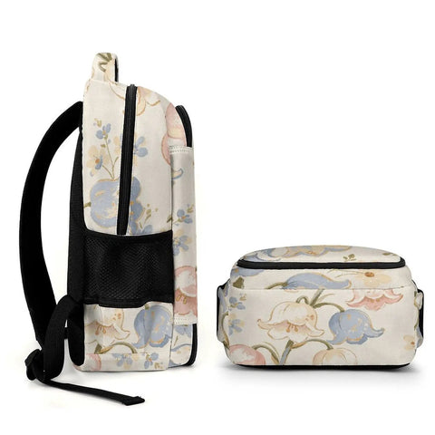 Side and top view of Multicolor Bluebell Linen Pattern Backpack For Everyday Carry Unisex Large Capacity Durable Polyester Breathable Design