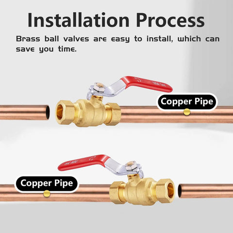 100 Pack One Half Inch Compression Shut Off Ball Valves With Red Handle For PEX Copper And CPVC Piping, Full Port Brass Construction, High Temperature And Pressure Resistant, DIY Plumbing Install Kit installed on copper pipe