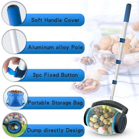 Nut Gatherer Picker Upper For Acorns Pecans Buckeyes Hickory Nuts And More With Side Opening Dump shown in use with features highlighted