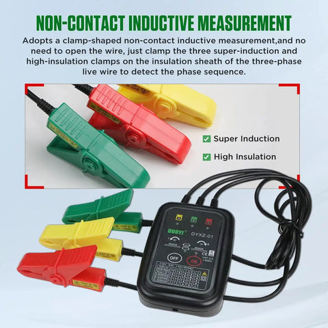 3 Phase Rotation Tester For Motor Setup With Non Contact Voltage Detection And Phase Sequence Check, clamps and cables displayed