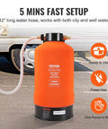 Portable 16,000 Grain RV Water Softener with three quarter inch brass fittings and forty two inch hose in front of RV.
