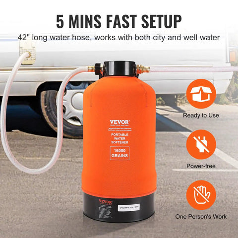 Portable 16,000 Grain RV Water Softener with three quarter inch brass fittings and forty two inch hose in front of RV.