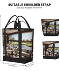 Golf Yacht Club Inspired Travel Tote Bag For Women Dope Large Capacity Insulated Waterproof Tote For Work And Shopping Easy Clean Lined With PEVA Durable Oxford Cloth Tote With Inner Pockets shown from front and side angles with dimension details, highlighting suitable shoulder strap.
