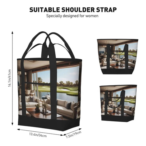 Golf Yacht Club Inspired Travel Tote Bag For Women Dope Large Capacity Insulated Waterproof Tote For Work And Shopping Easy Clean Lined With PEVA Durable Oxford Cloth Tote With Inner Pockets shown from front and side angles with dimension details, highlighting suitable shoulder strap.