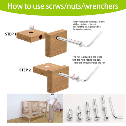 Crib Screws Replacement Kit With 65 Pieces M6 Hex Drive Socket Cap Screws Barrel Nuts Dowel Pins And Wrench assembly guide