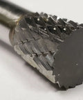 SN 2 Inverted Cone Carbide Burr With Double Cut For Metalworking, Three Eighths Inch Shank, shown in close-up from an angle.