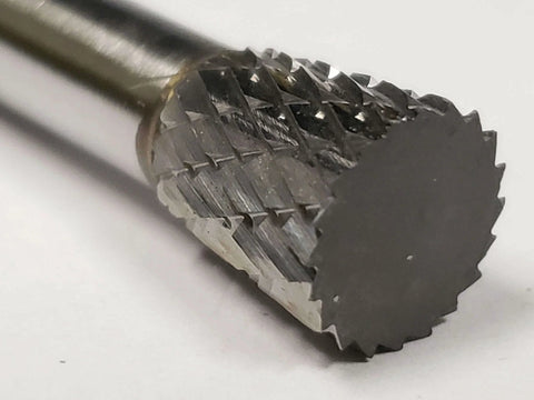 SN 2 Inverted Cone Carbide Burr With Double Cut For Metalworking, Three Eighths Inch Shank, shown in close-up from an angle.