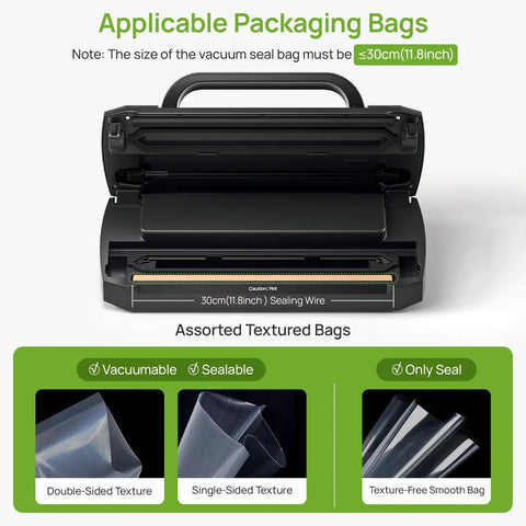 Powerful Vacuum Sealer For Food 90kPa With Dry And Moist Modes showing open design with sealing wire and packaging bag options
