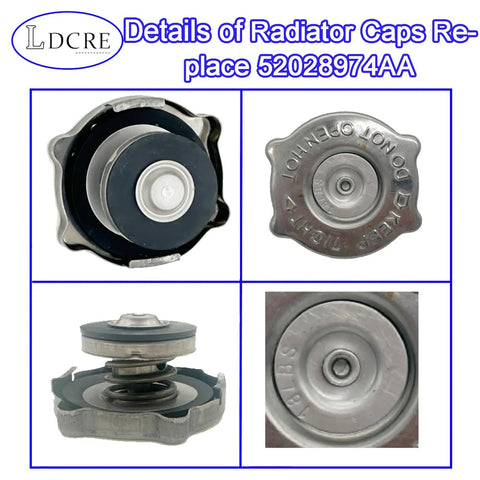 Dodge Radiator Cap Replacement For Journey, Challenger, Charger, Durango, Jeep Grand Cherokee And Chrysler PT Cruiser Plug And Play Cap Fits 52028974AA 52079880AA 55116901AA, showing various angles and part number detail.