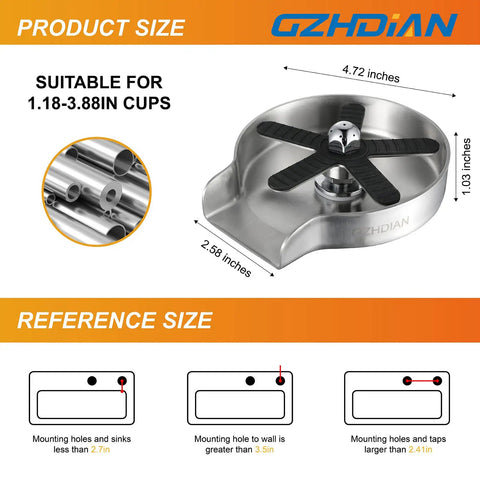 Stainless Steel Glass Rinser With 360 Degree Rotating Spray For Kitchen Sink, Eight Water Outlets, detailed dimensions and features.
