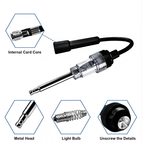 Detailed view of a spark plug tester from All In One Engine Diagnostic Kit With Heavy Duty Remote Starter Switch And Spark Plug Tester For Cars Trucks Motorcycles Lawn Mowers And Other Engines Built Tough For Quick Diagnoses And Easy Remote Starts, showing internal components and metal head.