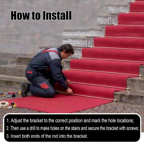 Man installing Antique Brass Stair Carpet Runner Holder Kit With Multiple Lengths From 50 To 28 Inches on a staircase