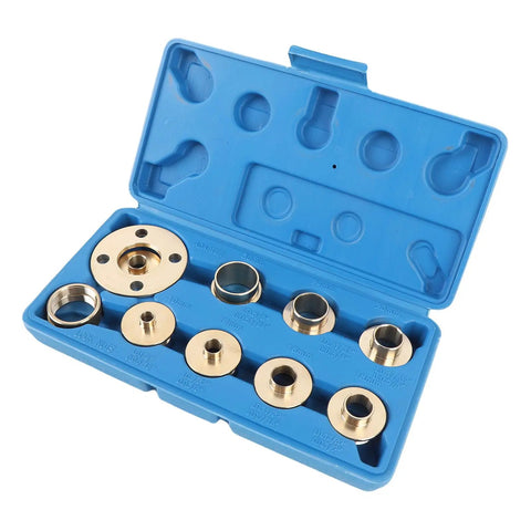 Built Dang Tough 11 Piece Brass Router Guide Kit Featuring Precision Template Bushings in a blue case showing all pieces.