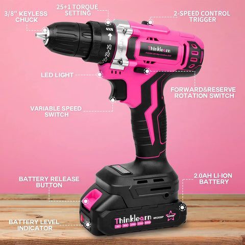 Pink Cordless Drill Kit For Women, 20V Lithium-Ion Power Drill With 67Pcs Driver Bits, features labeled on wooden background.