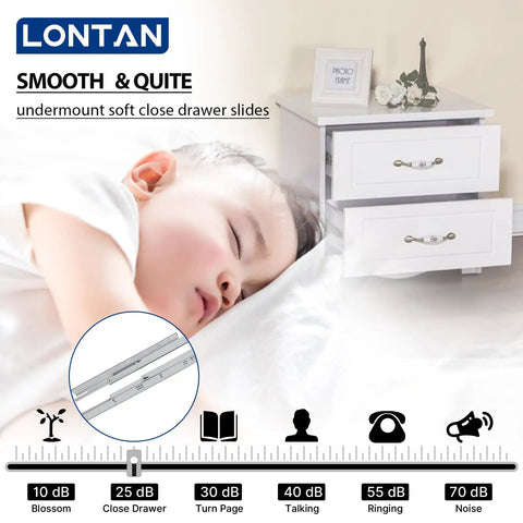 Heavy Duty Undermount Drawer Slides 21 Inch Soft Close Cabinet Runners With Silent Hydraulic Damping displayed with a sleeping child.