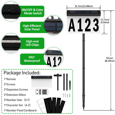 Solar Address Sign for Outside With Remote, Color Changing RGB LED Number Plaque, 9 Modes and 3000K Warm White, Waterproof Outdoor