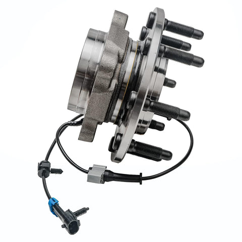Side view of Beefy Front Wheel Bearing Hub Assembly Set For Silverado 2500 HD, 3500 HD, Sierra 2500 HD, Suburban 2500, Yukon XL 2500 And Hummer H2 Wheel Bearing Hub Replacement Pair showing bolts and ABS cable