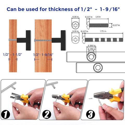 Installation guide for 10 Pack Black Square Bar Cabinet Knobs 2 Inch Matte Black Square Cabinet Pulls with measurements and tools.
