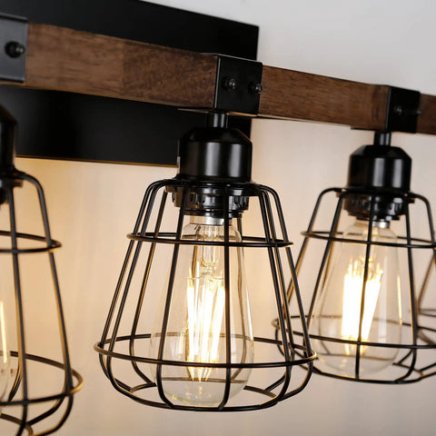 Close-up of Must Have Farmhouse Vanity Light For Bathroom With Three Lights Rustic Wood And Matte Black Industrial Wall Fixture Over Mirror Modern Cage Sconce
