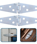 Top Shelf 4 Inch T Strap Hinges 6 Pack Heavy Iron Door Hardware With Pre Drilled Mounts For Barn Shed And Folding Doors close up with drilled holes and polished surface