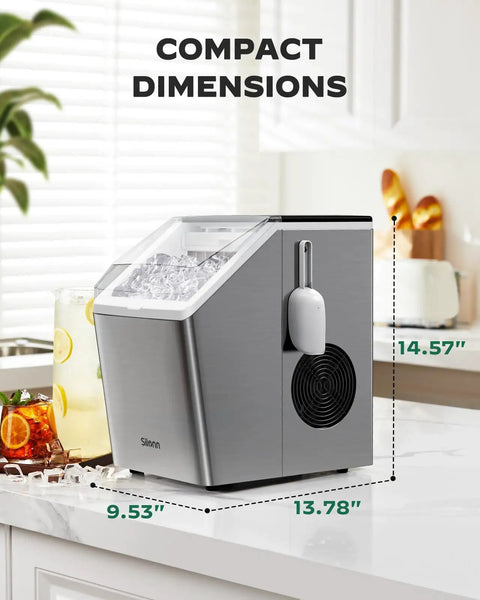 Countertop Ice Maker That Cranks Out 44 Lbs A Day With Dual Water Inlets, crystal clear ice, on kitchen counter