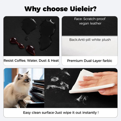Close-up of Beefed Up 1.8mm Faux Leather Keyboard Cover demonstrating waterproof feature and pet hair resistance with a cat nearby