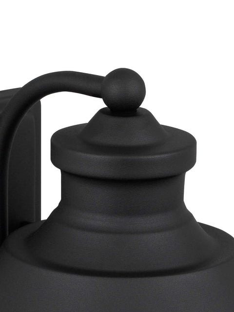 Close-up of Outdoor Wall Lantern 1-Light Exterior Matte Black Sconce with round top detail and weather-resistant finish.