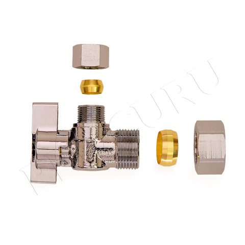 Heavy Duty Angle Stop Valve Half Inch Nominal Inlet Five Eighths Inch OD To Three Eighths Inch OD Compression Quarter Turn Shut Off Lead Free For Copper Pipe Ten Pack For Faucets And Toilets, valve exploded view