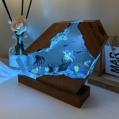 Cool Octopus Resin Lamp With Wooden Base Handcrafted Ocean Night Light RGB Color Changing Ambient Lamp For Bedroom Decor