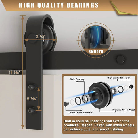 Close-up of Hella Smooth Five Foot Sliding Barn Door Hardware Kit with heavy-duty smooth roller wheel and carbon steel dowel pin.