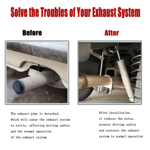 Before and after installation of Heavy Duty 4 Pack Exhaust Clamp With Hanger Fits 3 Inch Exhaust Pipe showing improved support