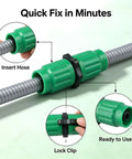 Cool Expandable Garden Hose Repair Connector Kit For Quick Fix On 5/8 And 3/4 Inch Water Hoses Plastic Mender Fitting For Lawn Outdoors To Save Money And Extend Gear Life Without Buying New Stuff Today inserted on gray hose, green plastic connector