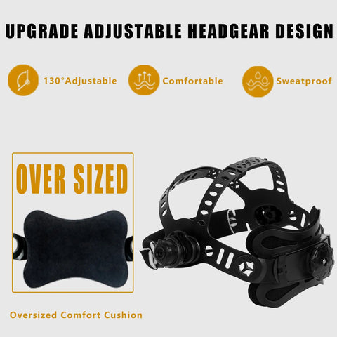 Auto Darkening Welding Helmet With Ultra Wide Viewing Lens headgear showing adjustable design and oversized comfort cushion