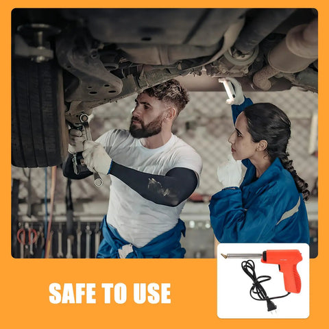 People using All In One Plastic Welding Tool Kit For Cars, Easy To Use Bumper Repair Welder in garage with orange welder inset