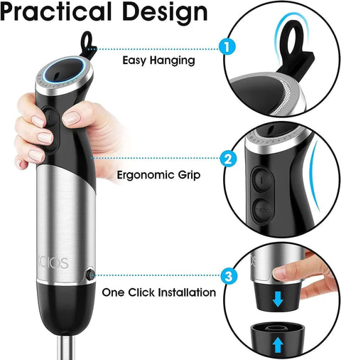Game Changing 1000 Watt Immersion Blender Featuring 12 Speed Settings And Premium Stainless Steel Blades with ergonomic grip and easy hanging design.