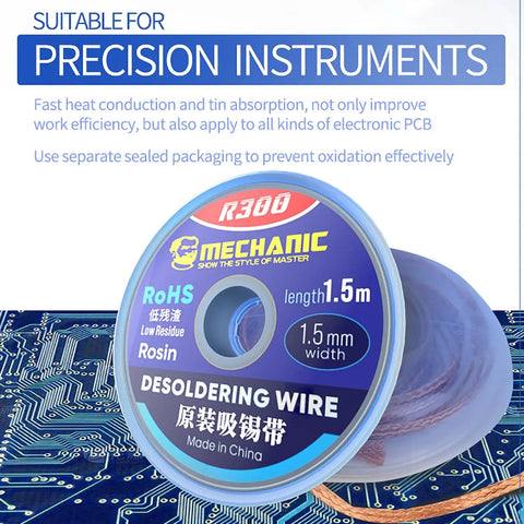 Spool of Desoldering Solder Wick Braided Copper Wire For PCB Boards 2.0mm By 1.5m R300 suitable for precision instruments.