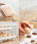Clear Plastic Egg Holder With Two Layer 40 Egg Capacity Drawer Style Fridge Storage Box For Fresh Eggs in kitchen setting.